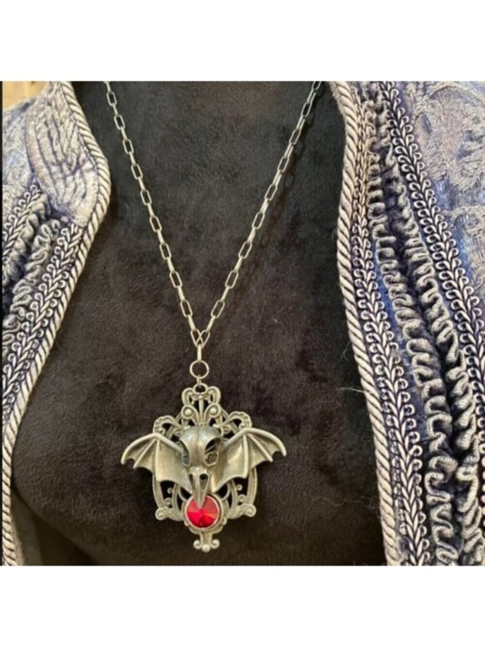 "Evil Bat" Bird Skeleton Head and Ruby-Colored Austrian Crystal Pendant